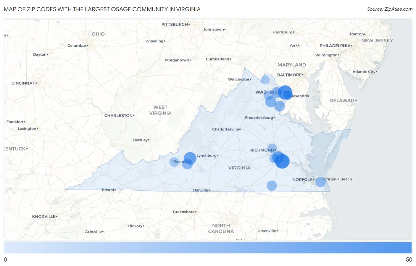 Zip Codes with the Largest Osage Community in Virginia Map