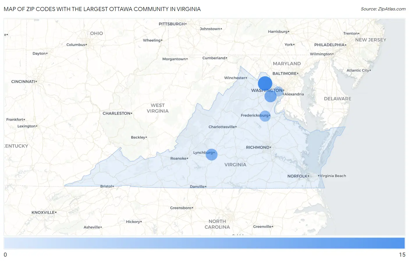 Zip Codes with the Largest Ottawa Community in Virginia Map