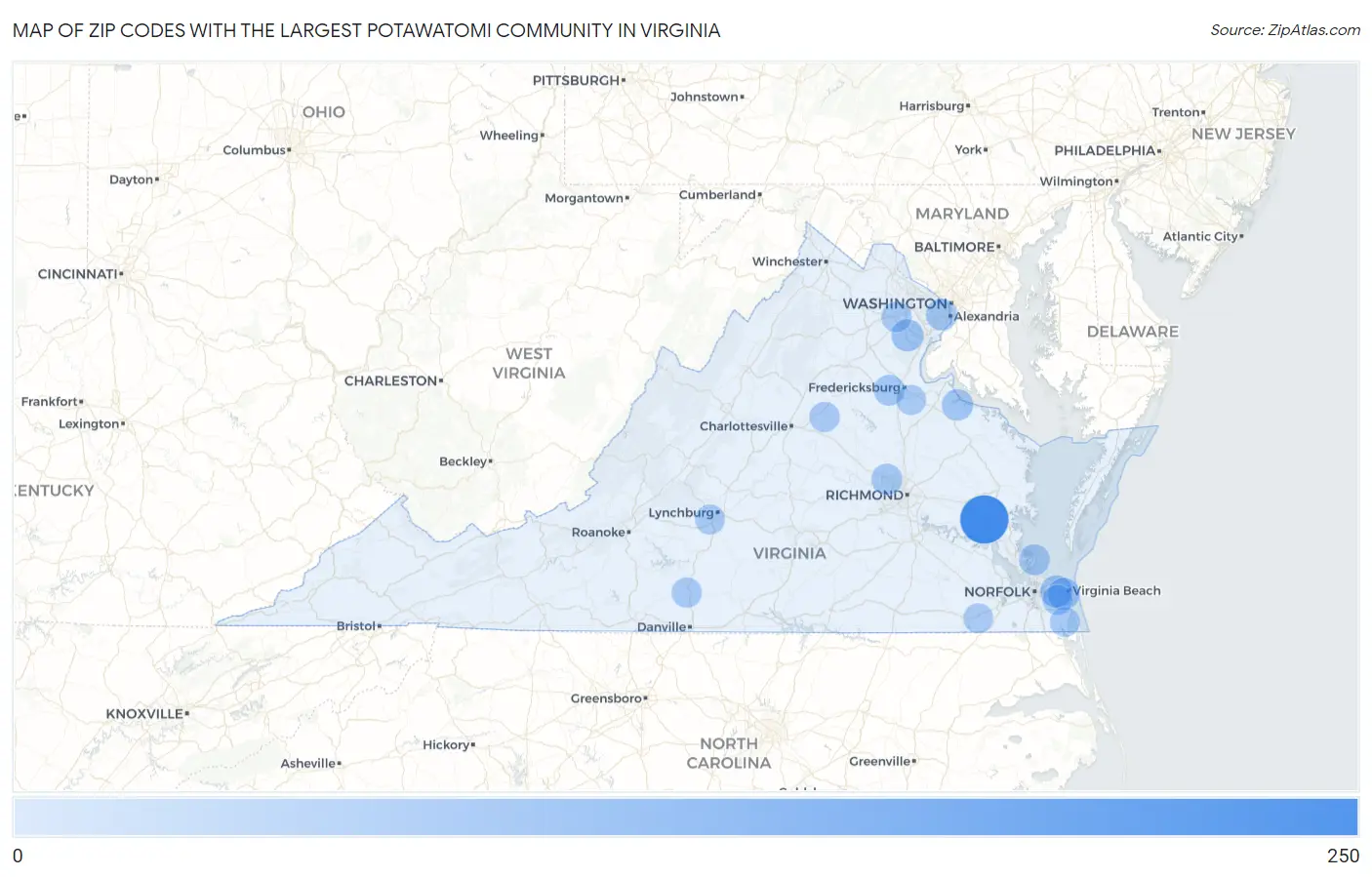 Zip Codes with the Largest Potawatomi Community in Virginia Map
