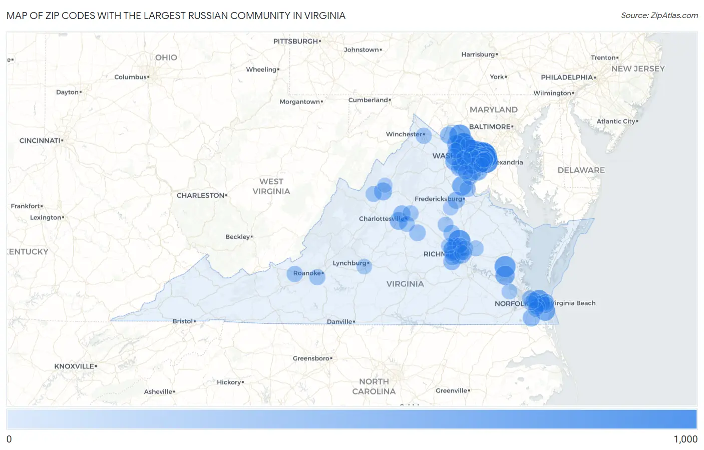 Zip Codes with the Largest Russian Community in Virginia Map