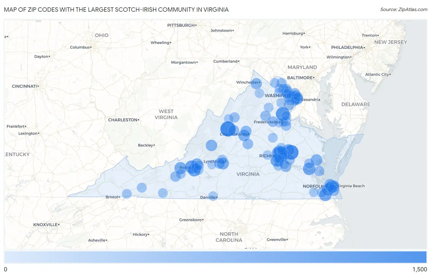 Zip Codes with the Largest Scotch-Irish Community in Virginia Map