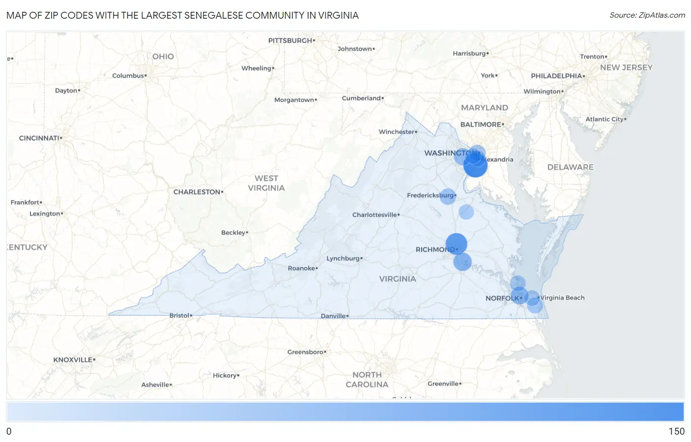 Zip Codes with the Largest Senegalese Community in Virginia Map