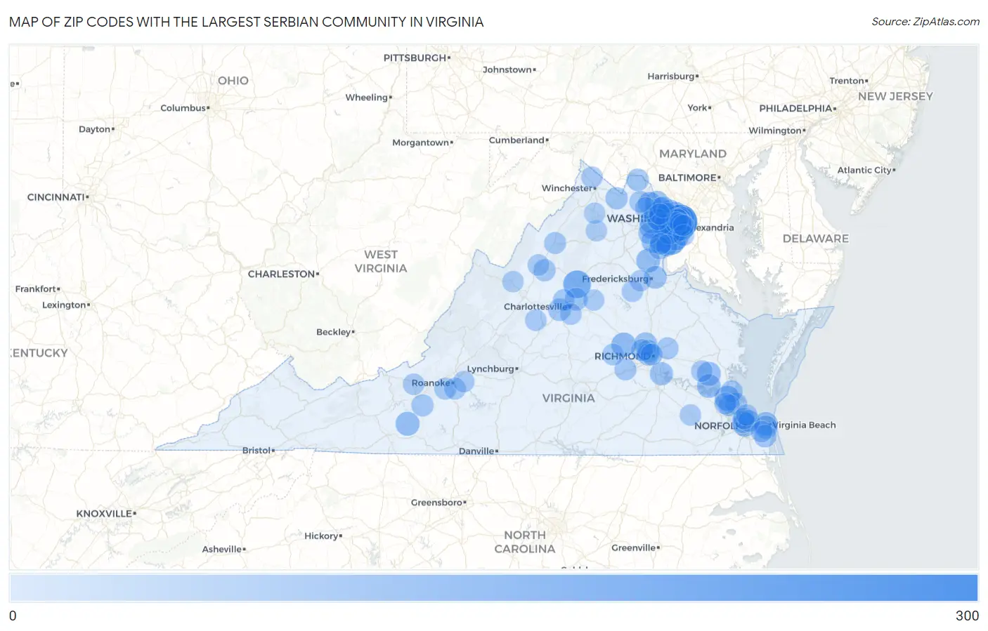 Zip Codes with the Largest Serbian Community in Virginia Map