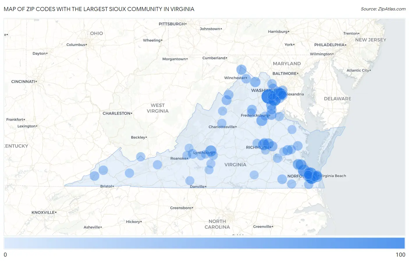 Zip Codes with the Largest Sioux Community in Virginia Map