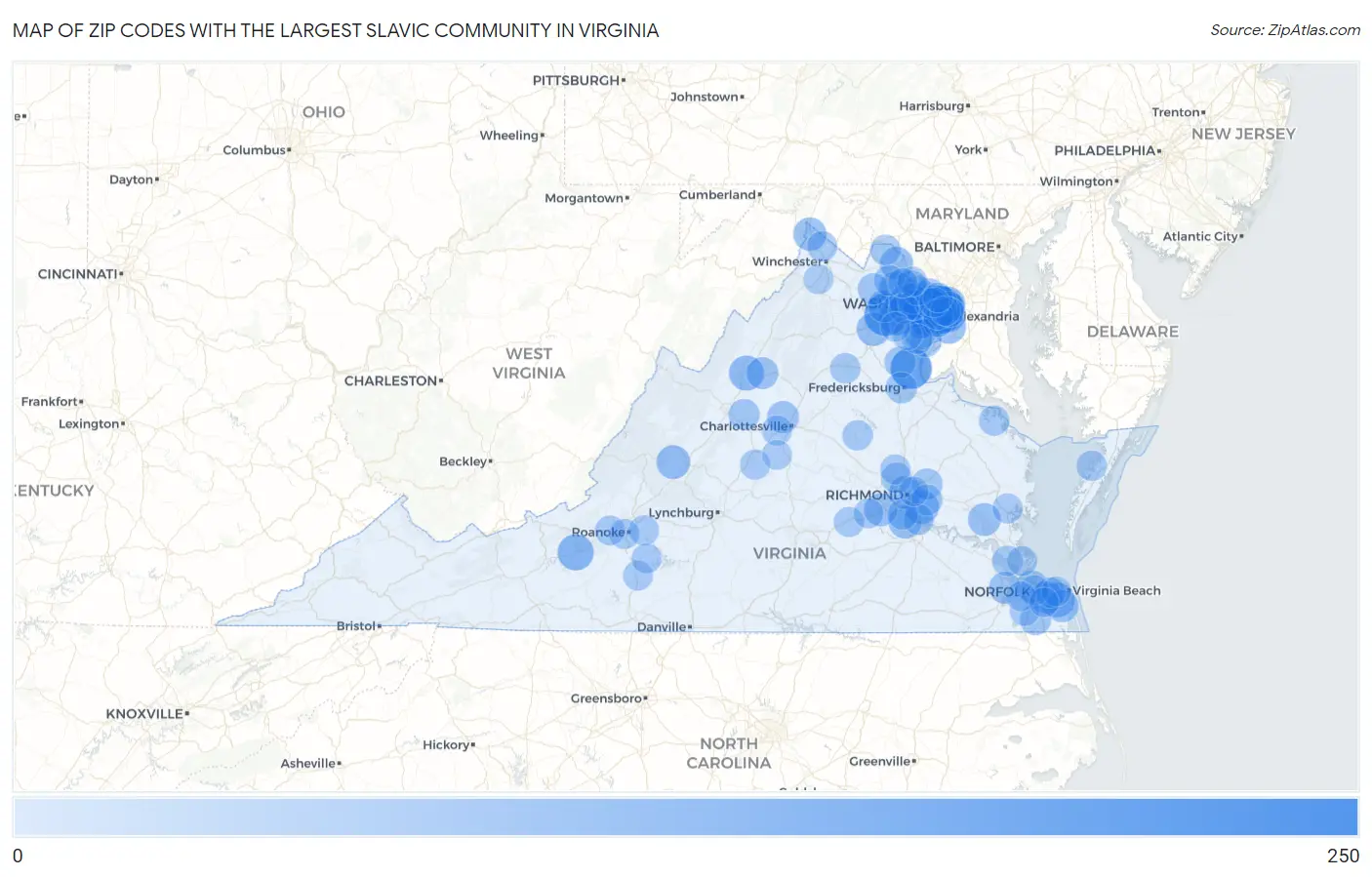 Zip Codes with the Largest Slavic Community in Virginia Map