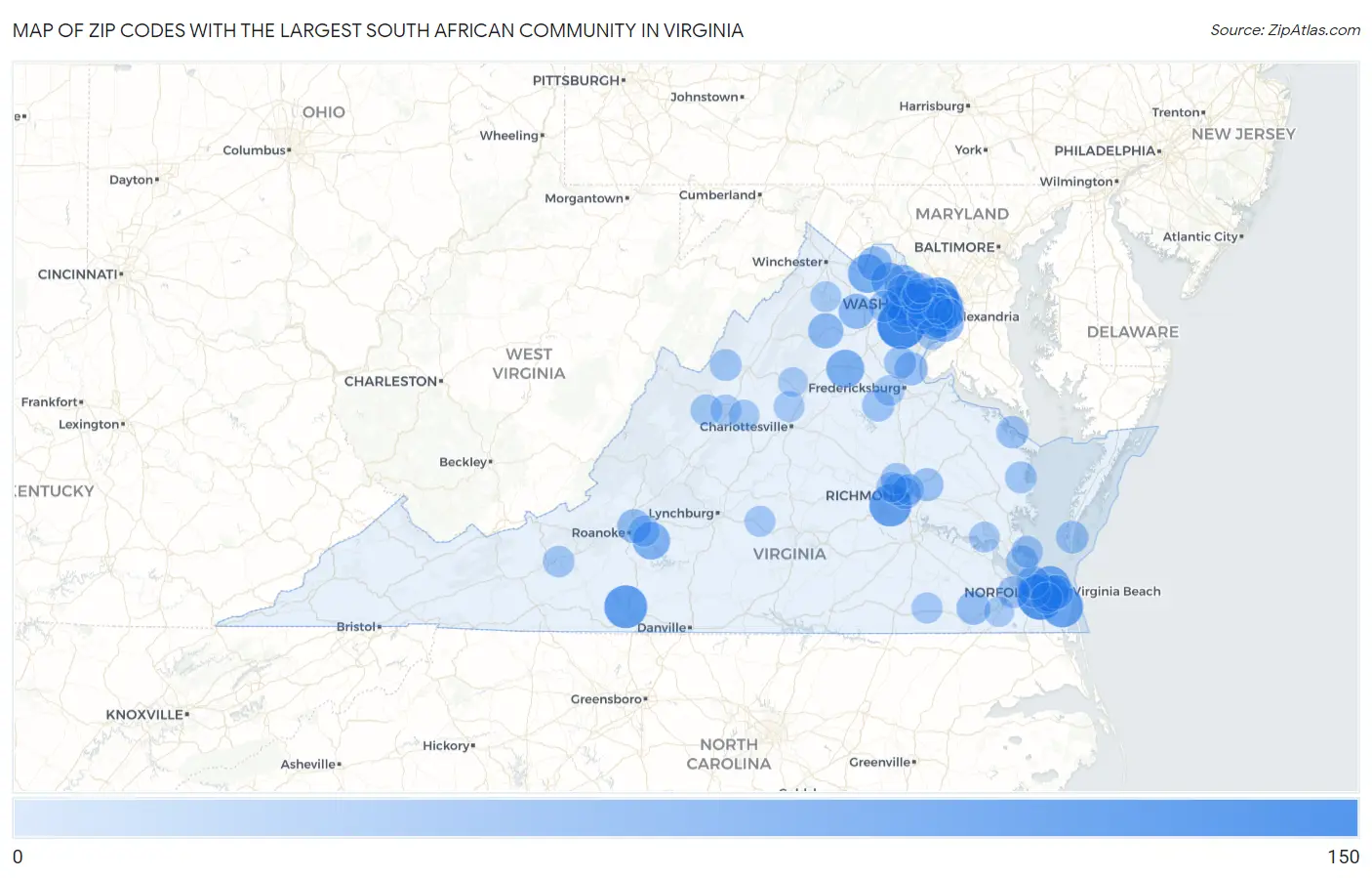 Zip Codes with the Largest South African Community in Virginia Map