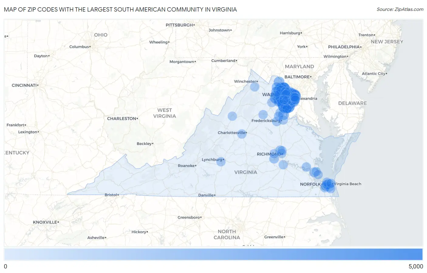 Zip Codes with the Largest South American Community in Virginia Map