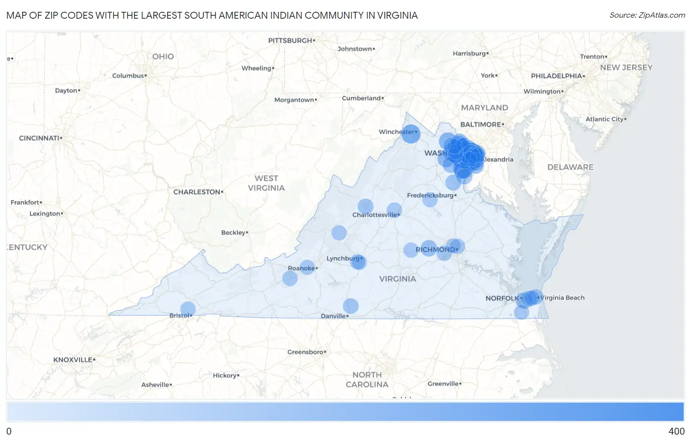 Zip Codes with the Largest South American Indian Community in Virginia Map