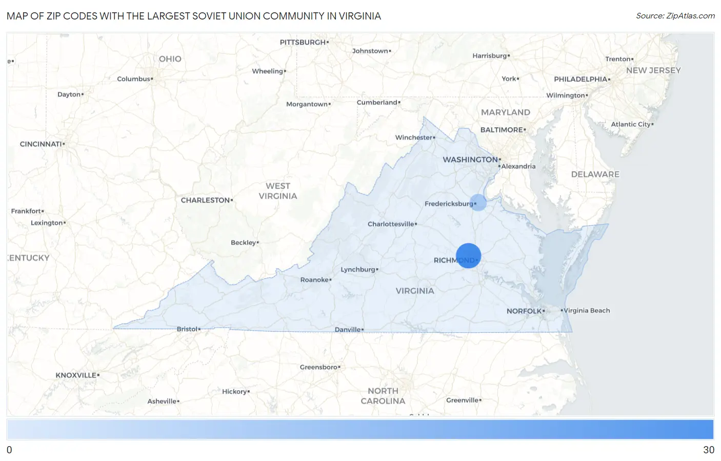 Zip Codes with the Largest Soviet Union Community in Virginia Map