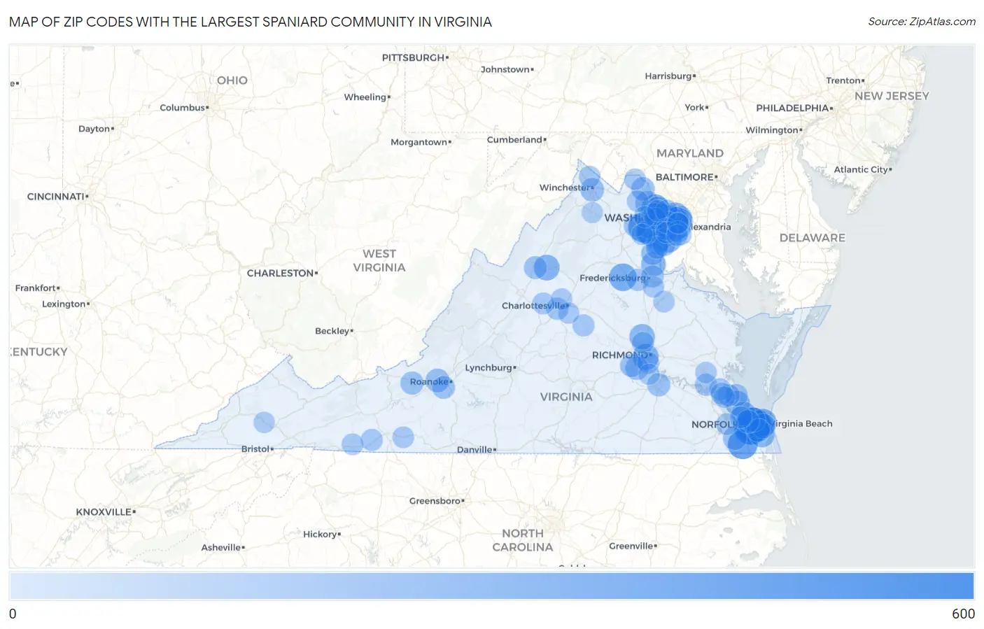Zip Codes with the Largest Spaniard Community in Virginia Map