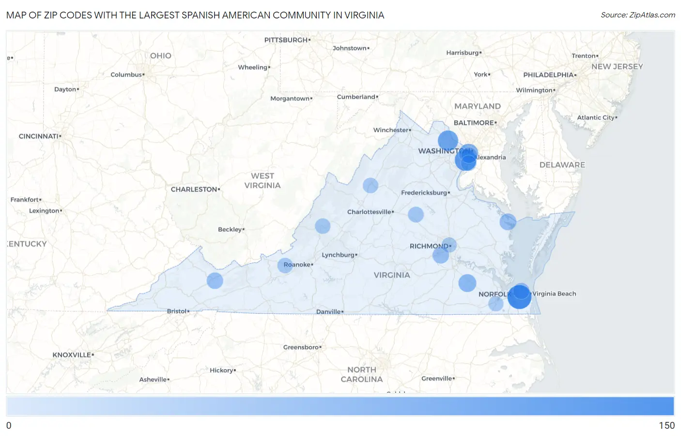 Zip Codes with the Largest Spanish American Community in Virginia Map