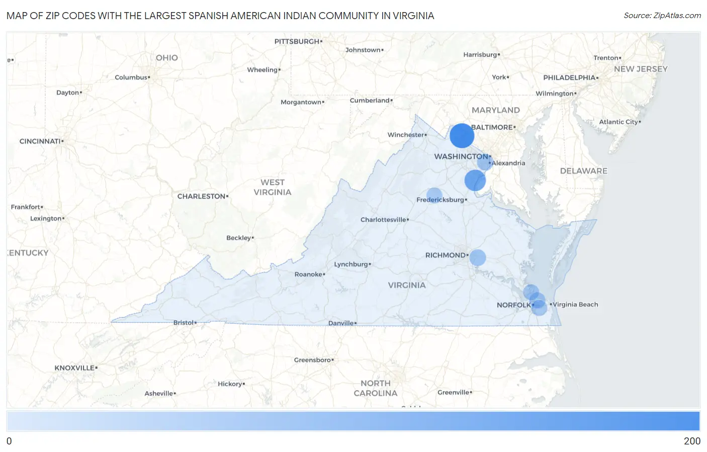 Zip Codes with the Largest Spanish American Indian Community in Virginia Map