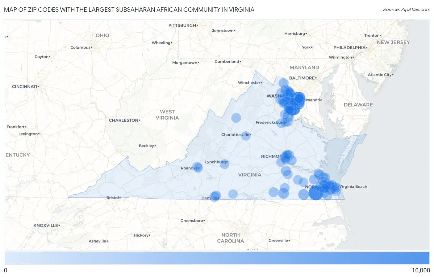 Zip Codes with the Largest Subsaharan African Community in Virginia Map