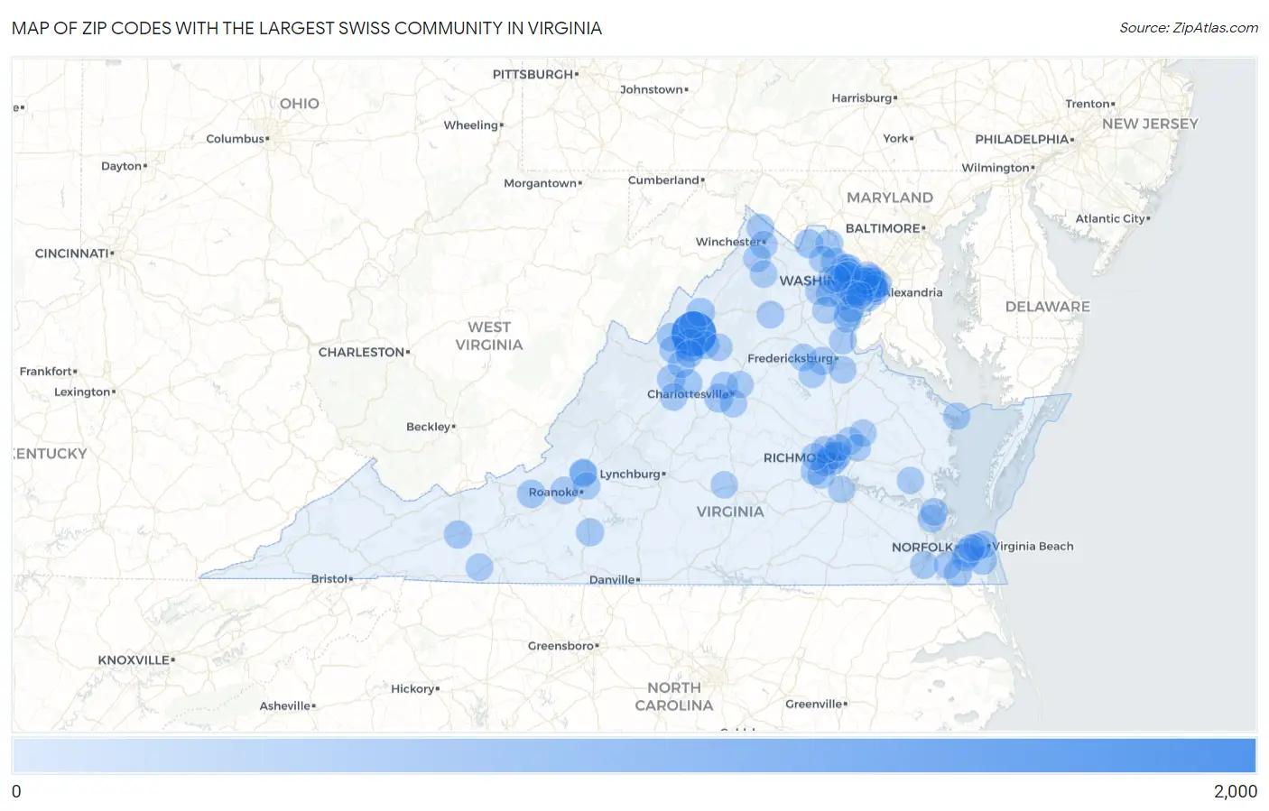 Zip Codes with the Largest Swiss Community in Virginia Map