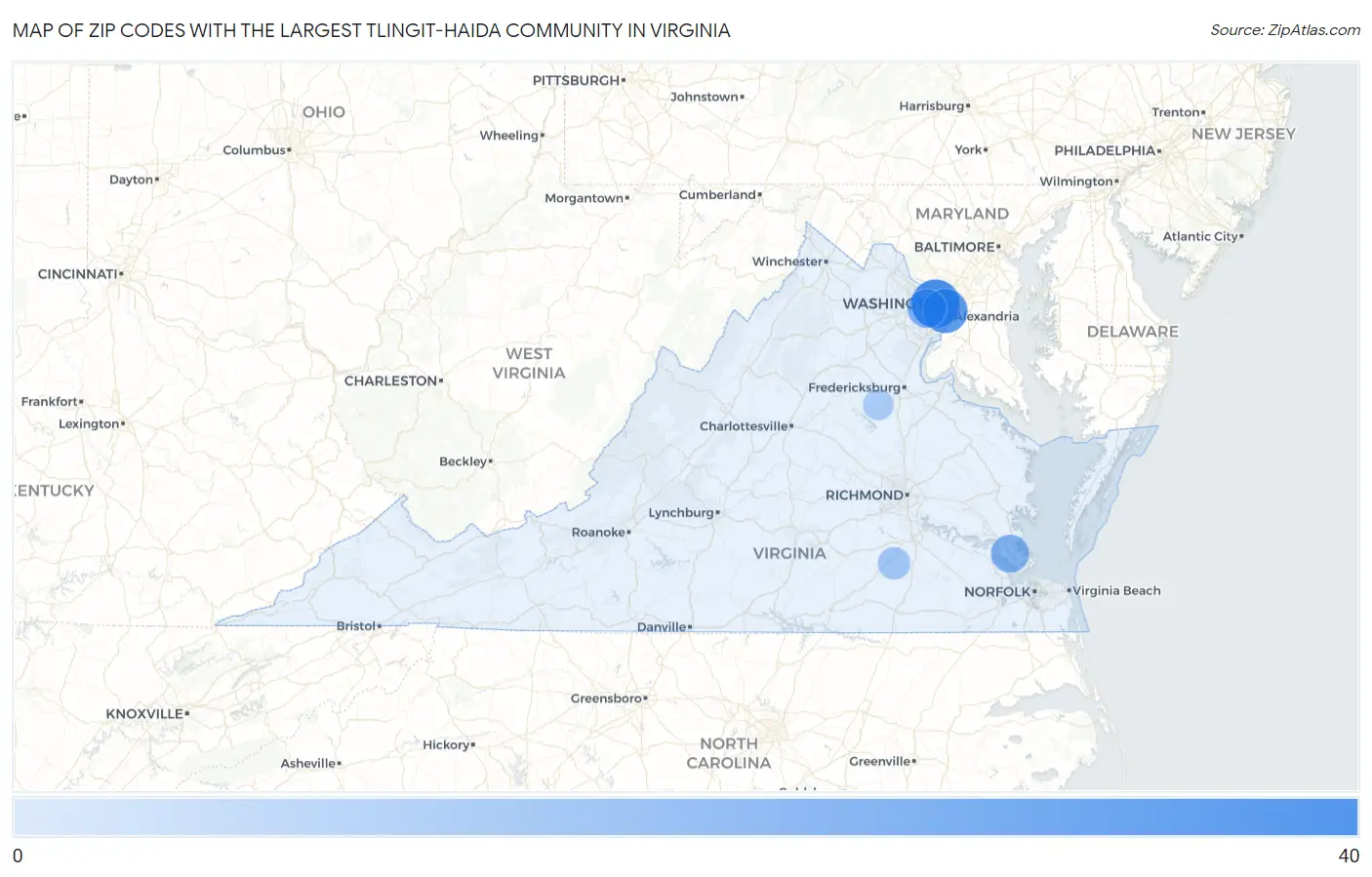 Zip Codes with the Largest Tlingit-Haida Community in Virginia Map