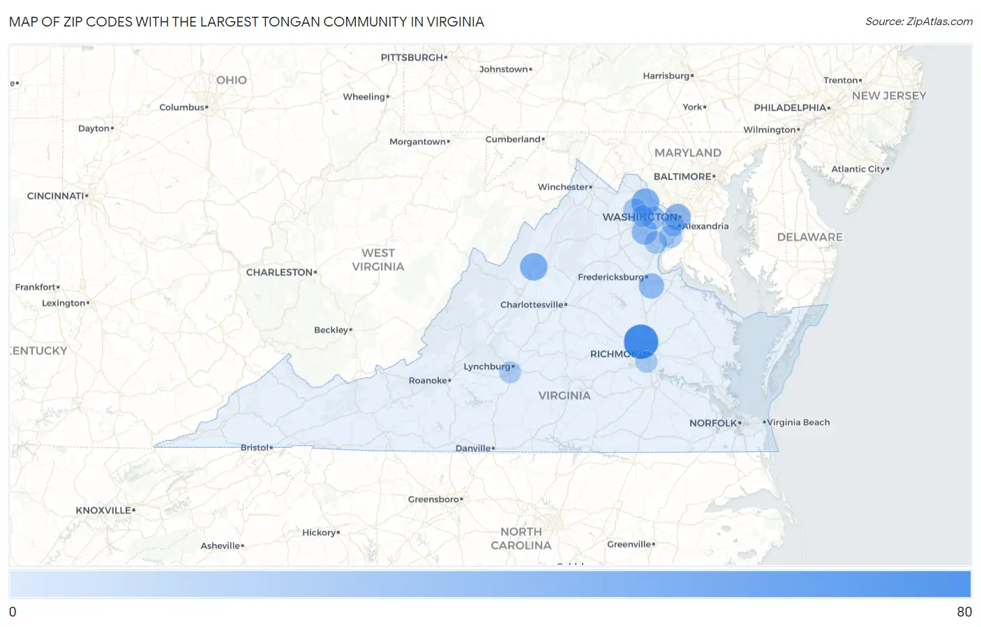 Zip Codes with the Largest Tongan Community in Virginia Map