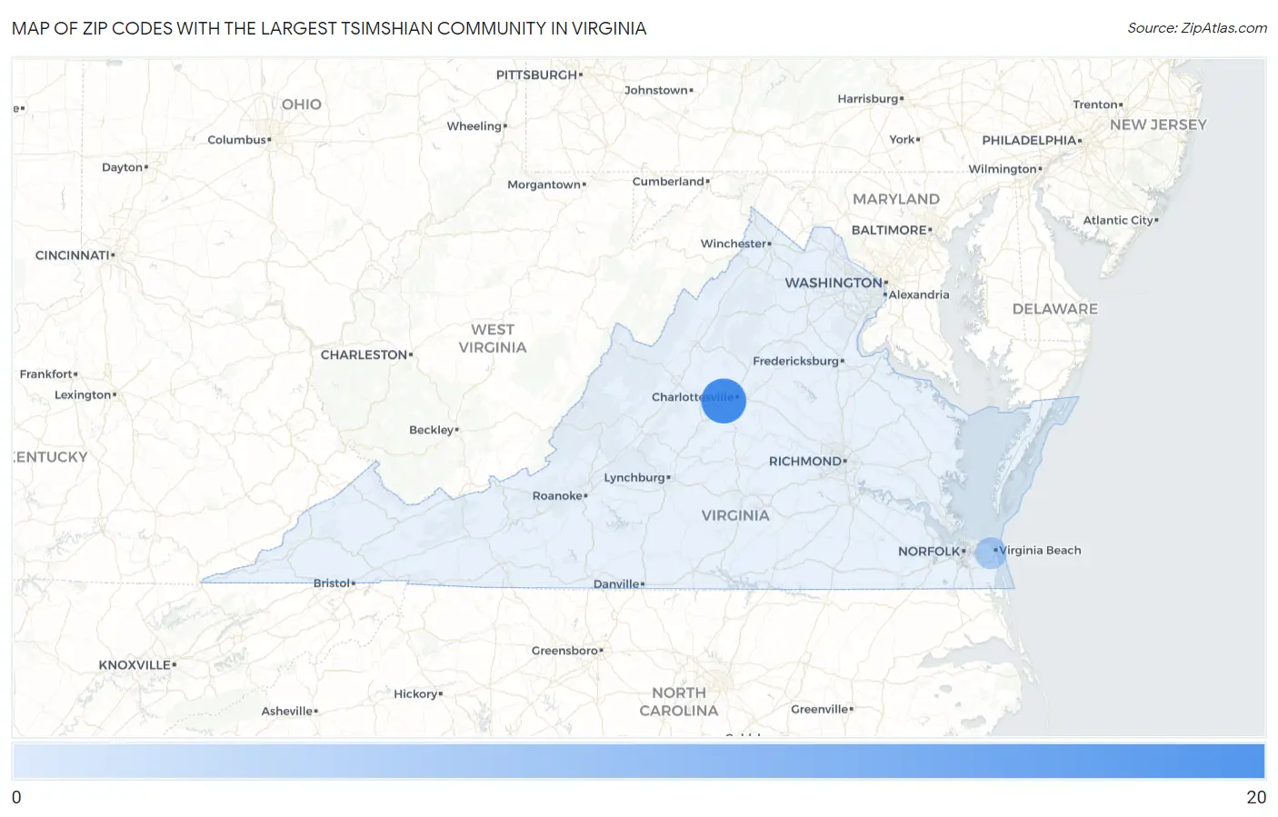 Zip Codes with the Largest Tsimshian Community in Virginia Map