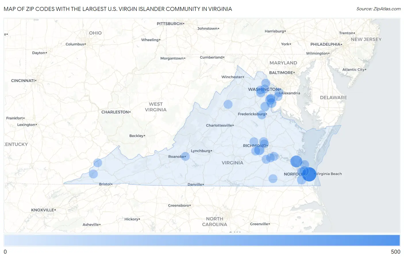 Zip Codes with the Largest U.S. Virgin Islander Community in Virginia Map