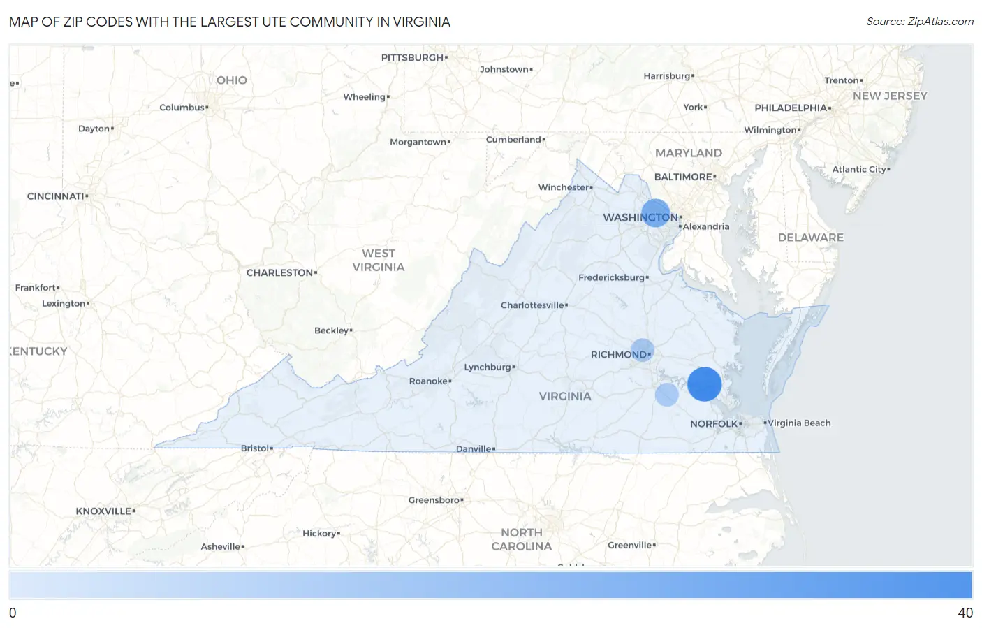 Zip Codes with the Largest Ute Community in Virginia Map