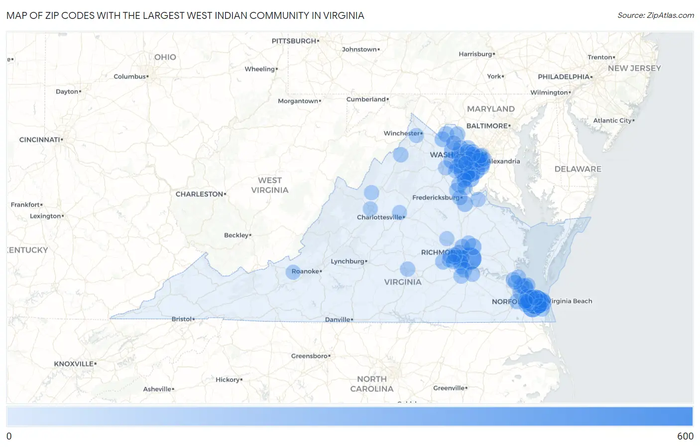 Zip Codes with the Largest West Indian Community in Virginia Map