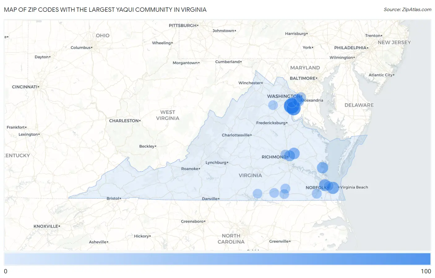 Zip Codes with the Largest Yaqui Community in Virginia Map