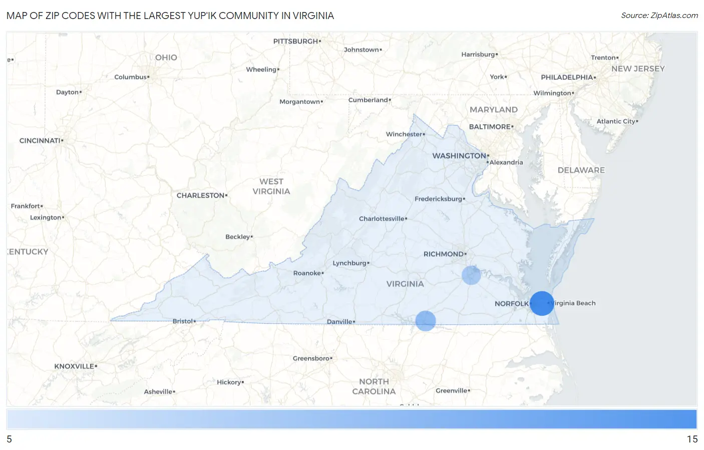 Zip Codes with the Largest Yup'ik Community in Virginia Map