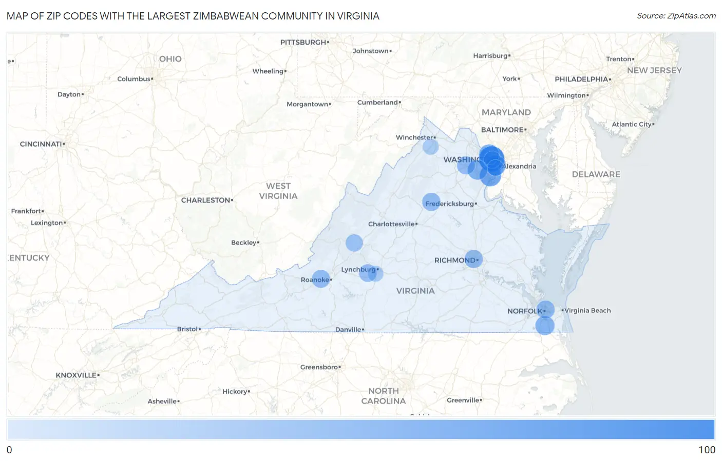 Zip Codes with the Largest Zimbabwean Community in Virginia Map