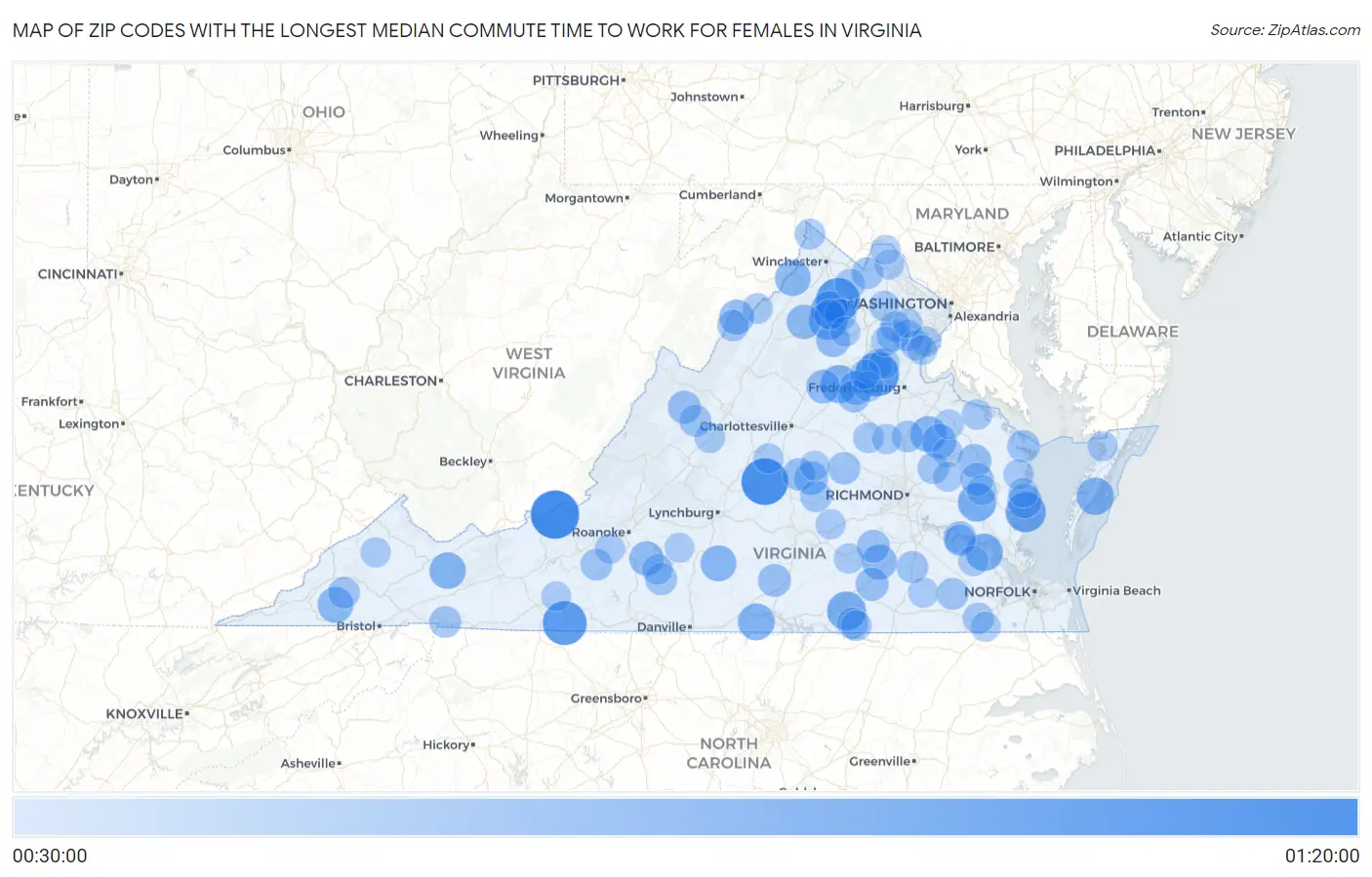 Zip Codes with the Longest Median Commute Time to Work for Females in Virginia Map