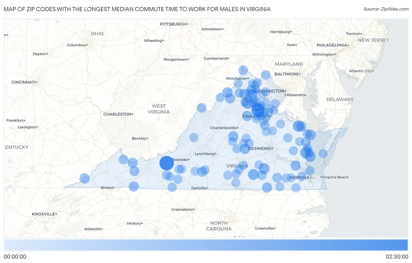 Zip Codes with the Longest Median Commute Time to Work for Males in Virginia Map