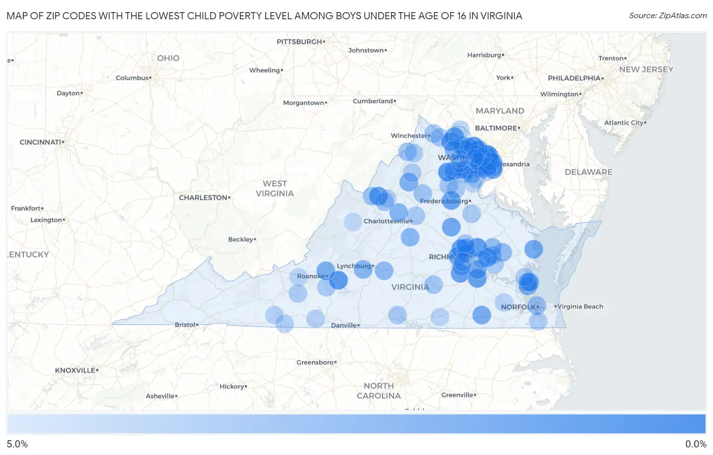 Zip Codes with the Lowest Child Poverty Level Among Boys Under the Age of 16 in Virginia Map