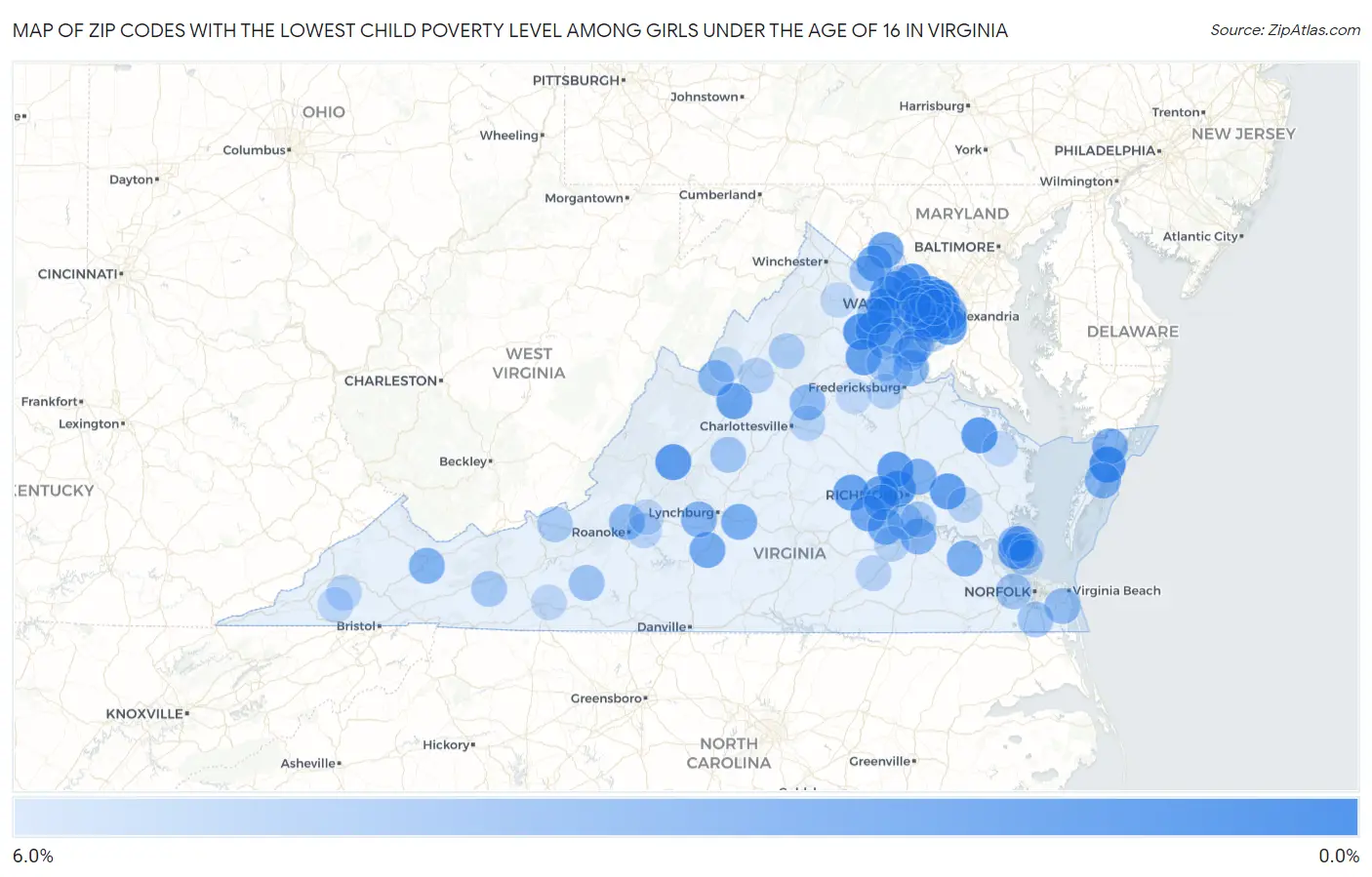Zip Codes with the Lowest Child Poverty Level Among Girls Under the Age of 16 in Virginia Map