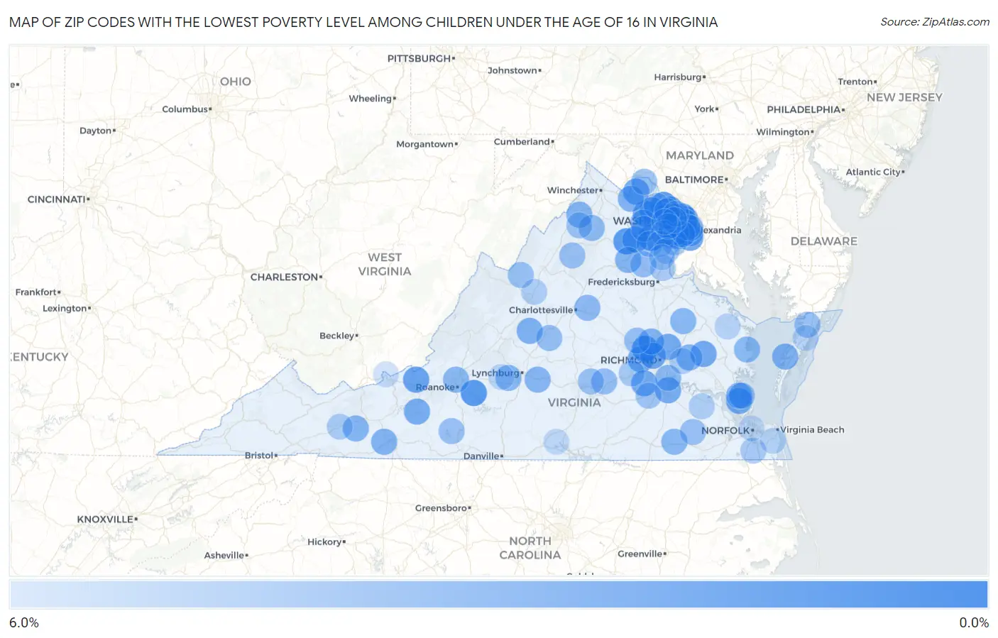 Zip Codes with the Lowest Poverty Level Among Children Under the Age of 16 in Virginia Map