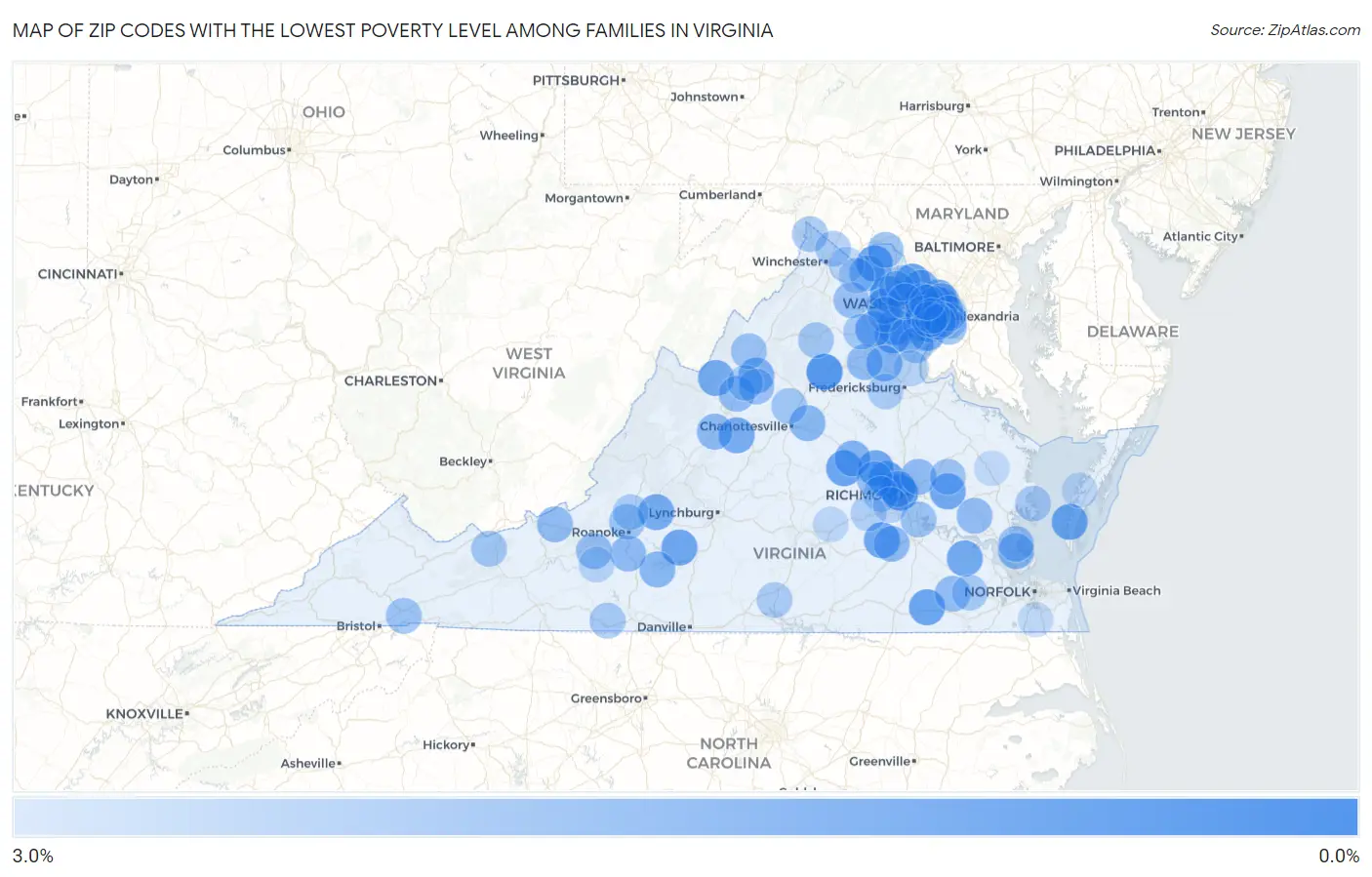 Zip Codes with the Lowest Poverty Level Among Families in Virginia Map