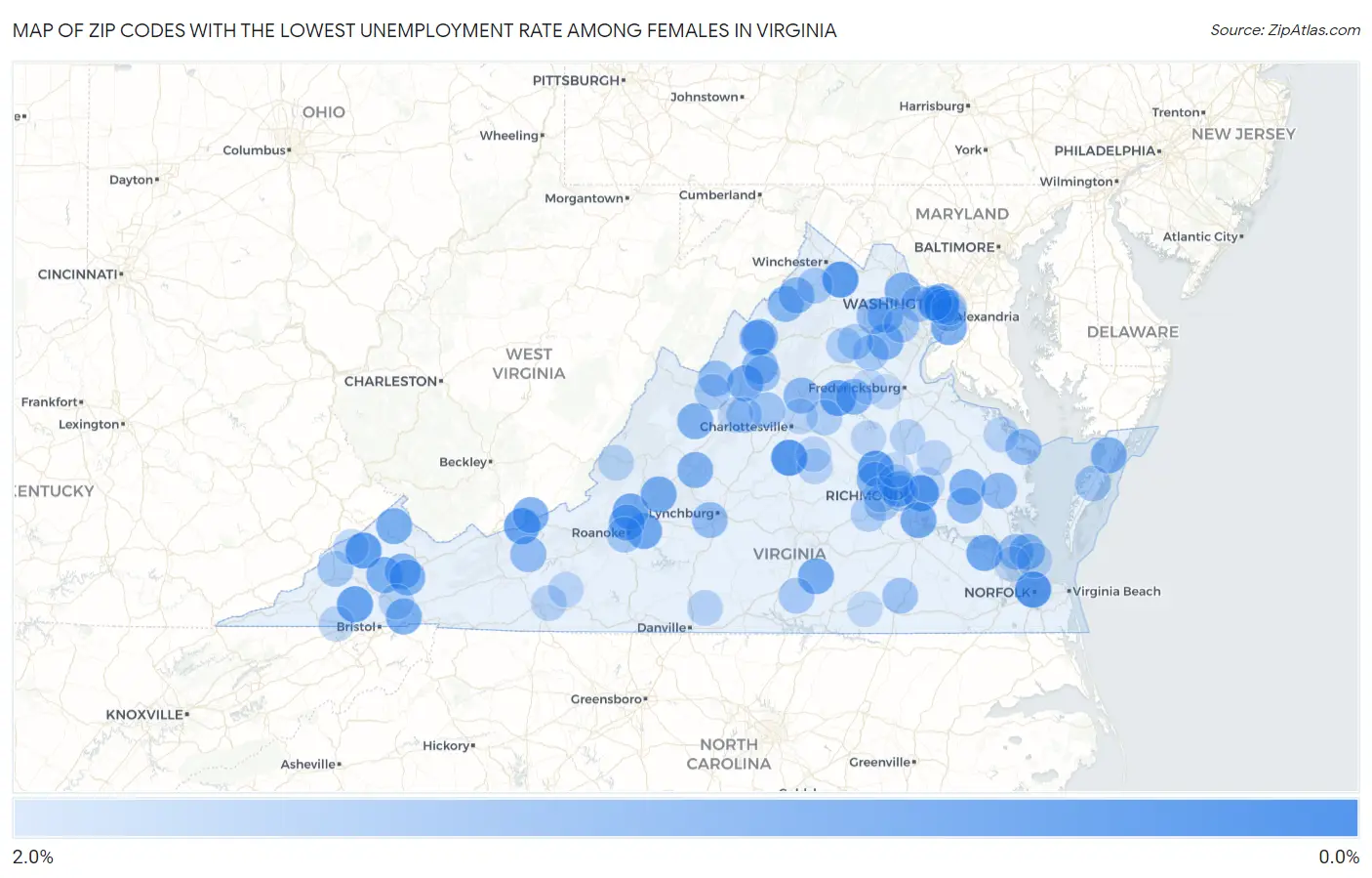 Zip Codes with the Lowest Unemployment Rate Among Females in Virginia Map