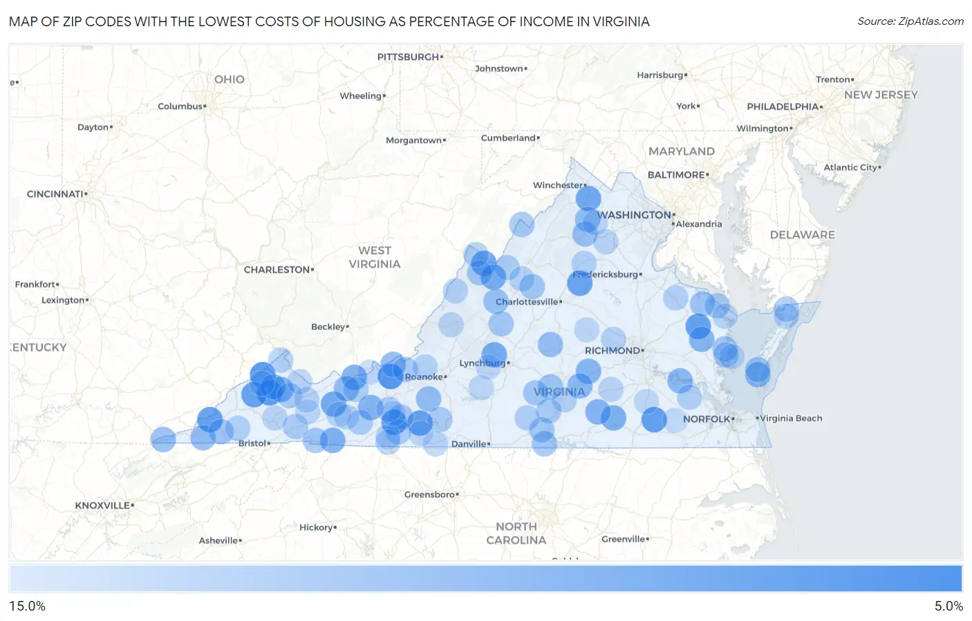 Zip Codes with the Lowest Costs of Housing as Percentage of Income in Virginia Map