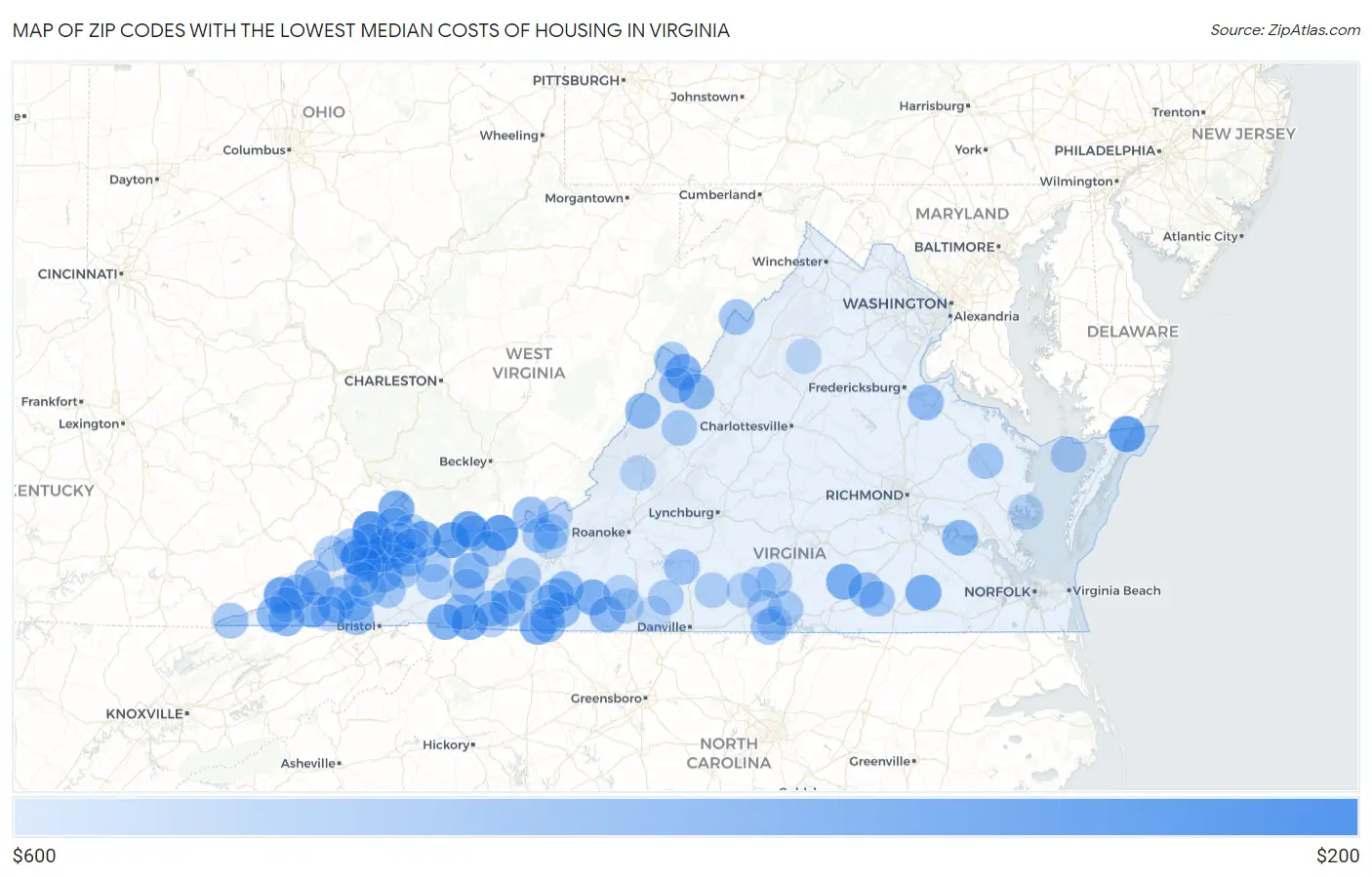 Zip Codes with the Lowest Median Costs of Housing in Virginia Map