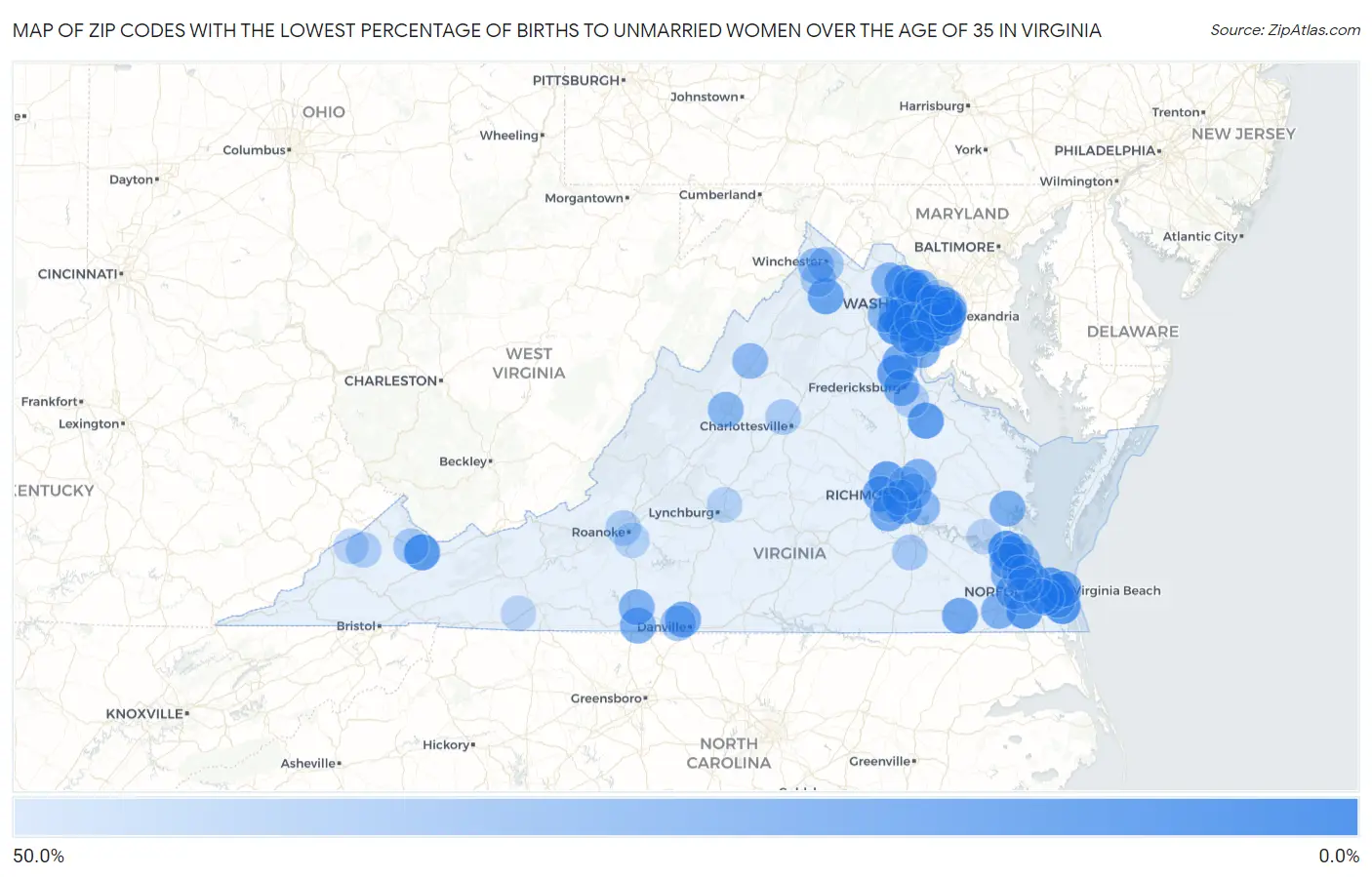 Zip Codes with the Lowest Percentage of Births to Unmarried Women over the Age of 35 in Virginia Map