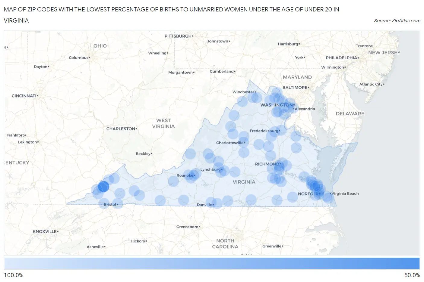 Zip Codes with the Lowest Percentage of Births to Unmarried Women under the Age of under 20 in Virginia Map