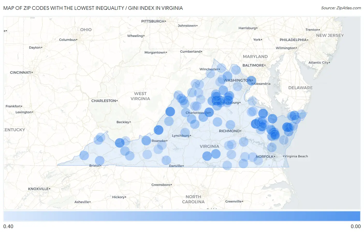 Zip Codes with the Lowest Inequality / Gini Index in Virginia Map