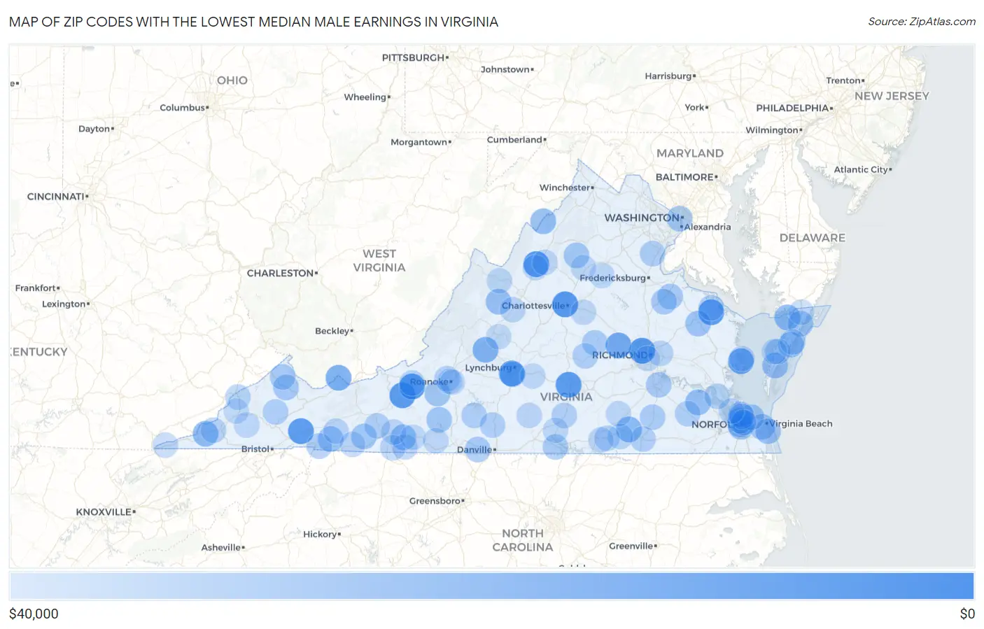 Zip Codes with the Lowest Median Male Earnings in Virginia Map