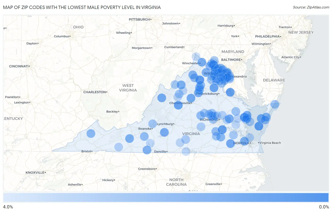 Zip Codes with the Lowest Male Poverty Level in Virginia Map