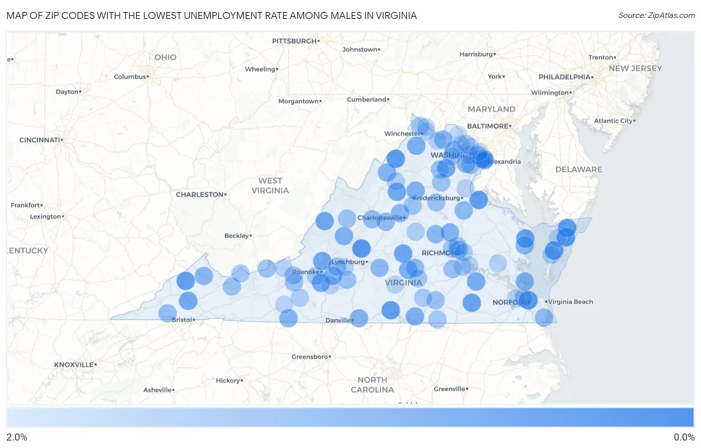 Zip Codes with the Lowest Unemployment Rate Among Males in Virginia Map