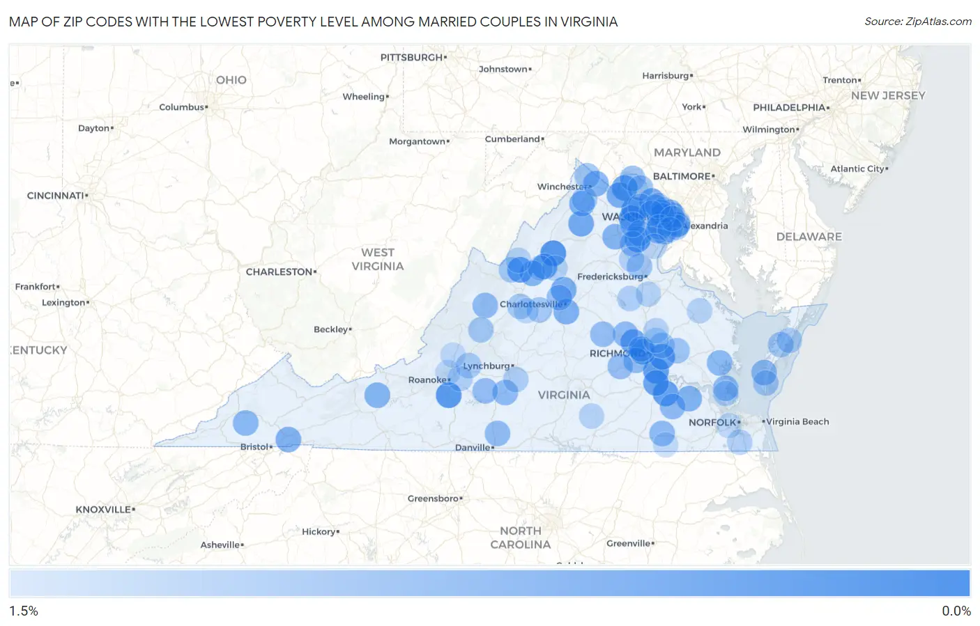 Zip Codes with the Lowest Poverty Level Among Married Couples in Virginia Map