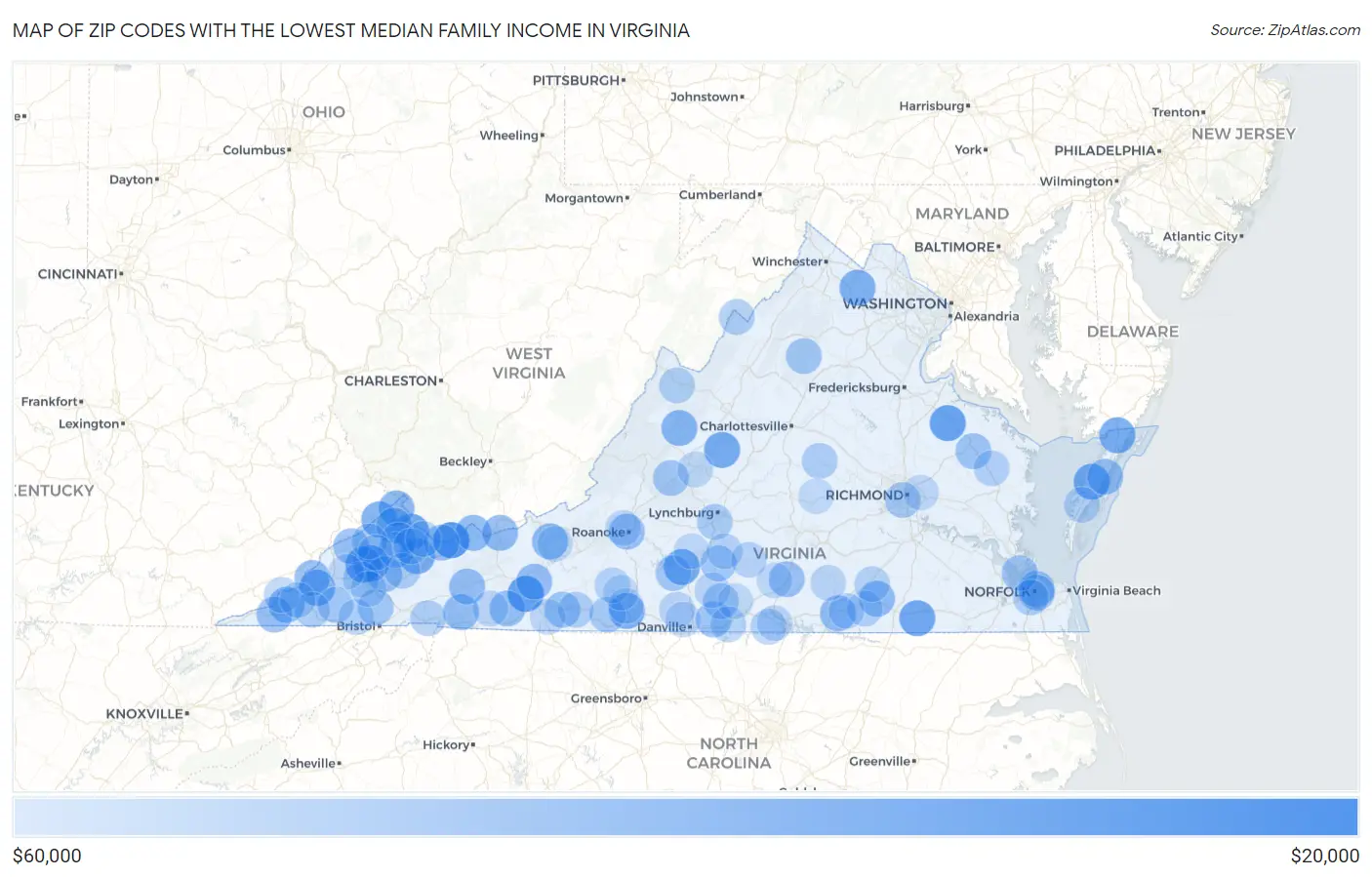 Zip Codes with the Lowest Median Family Income in Virginia Map