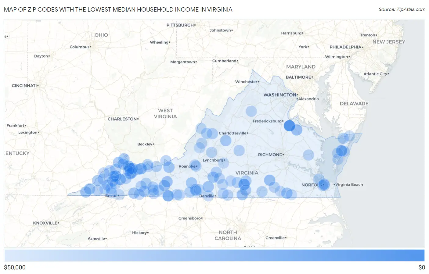 Zip Codes with the Lowest Median Household Income in Virginia Map