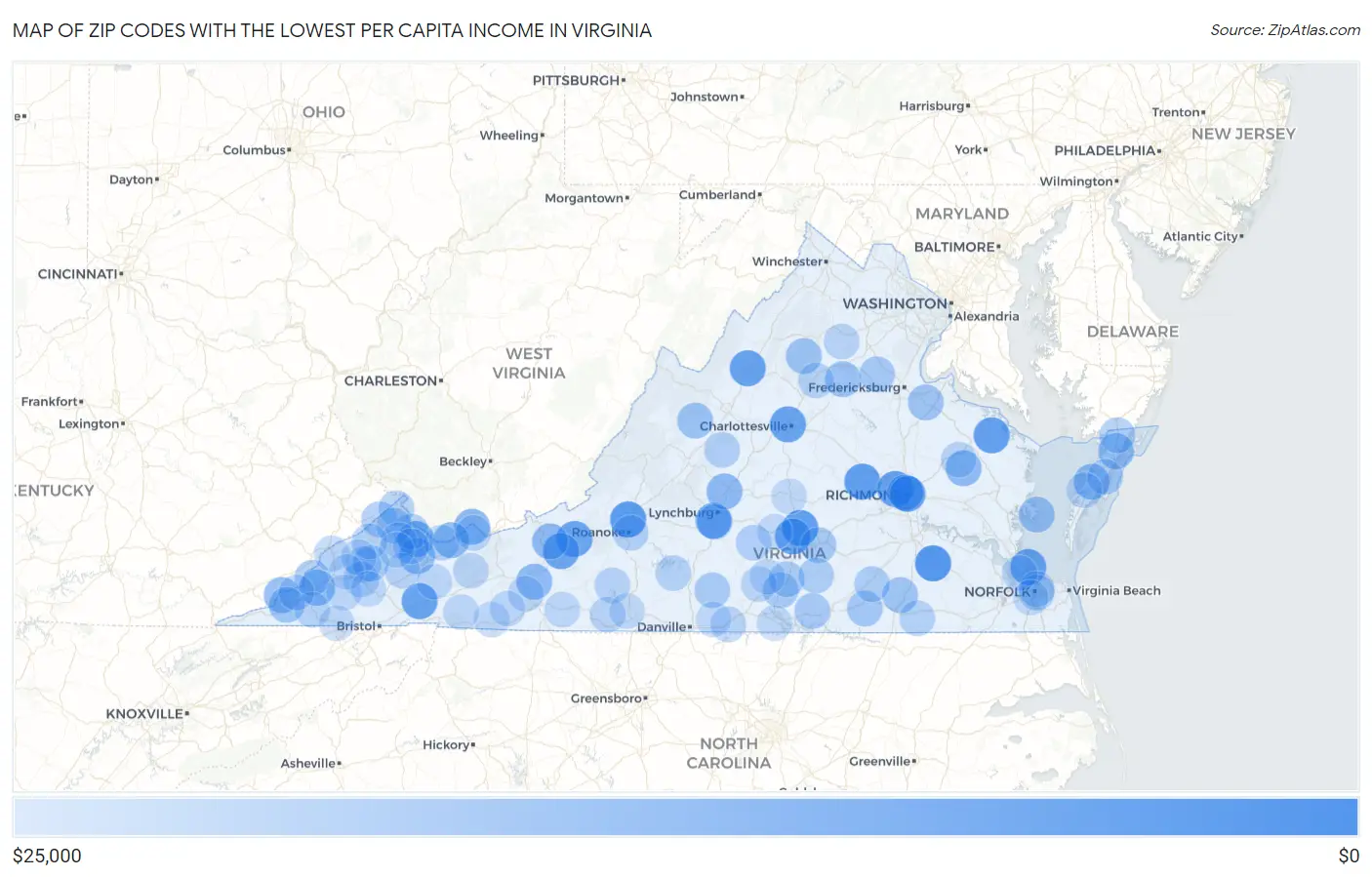 Zip Codes with the Lowest Per Capita Income in Virginia Map