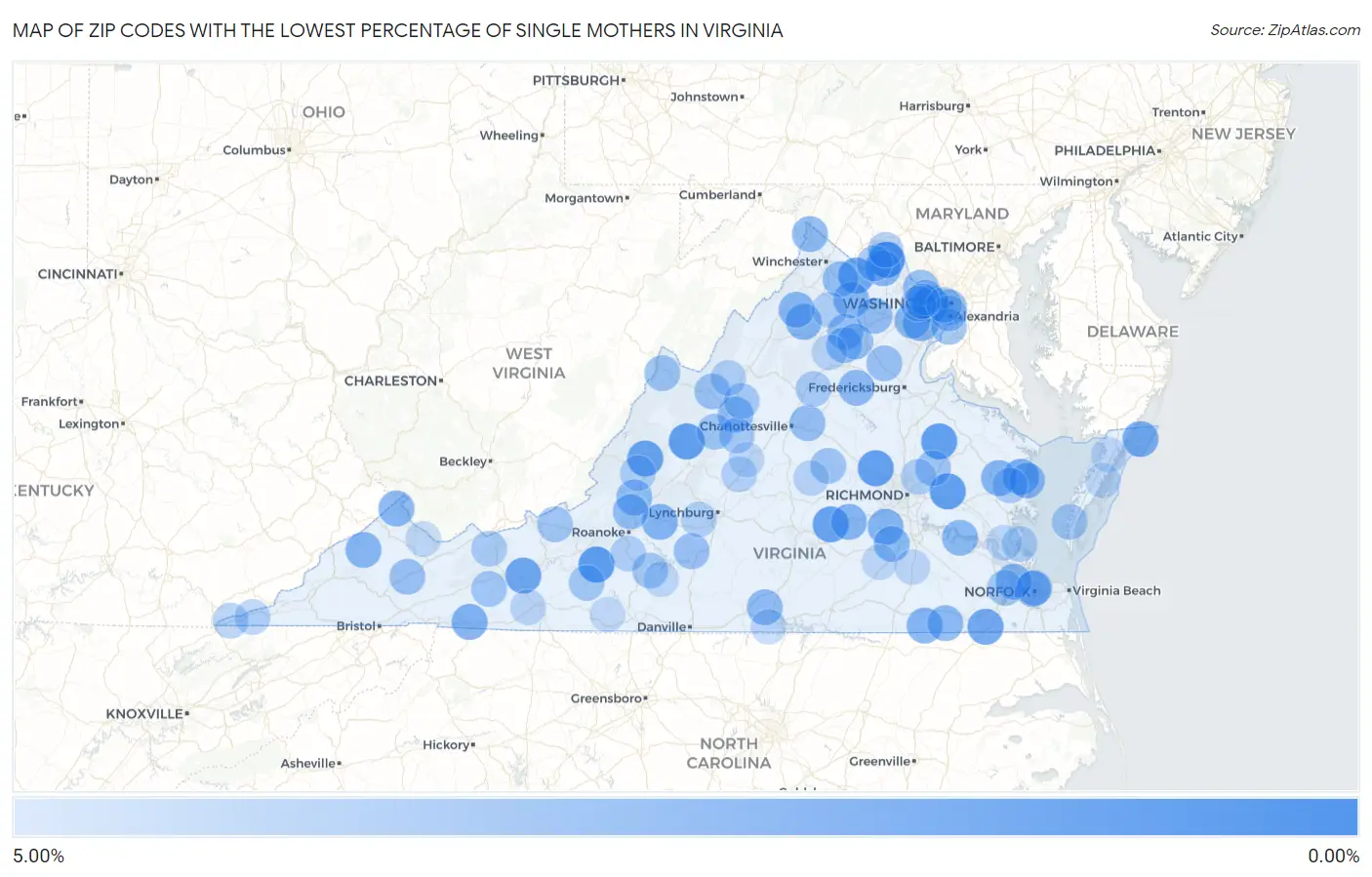 Zip Codes with the Lowest Percentage of Single Mothers in Virginia Map