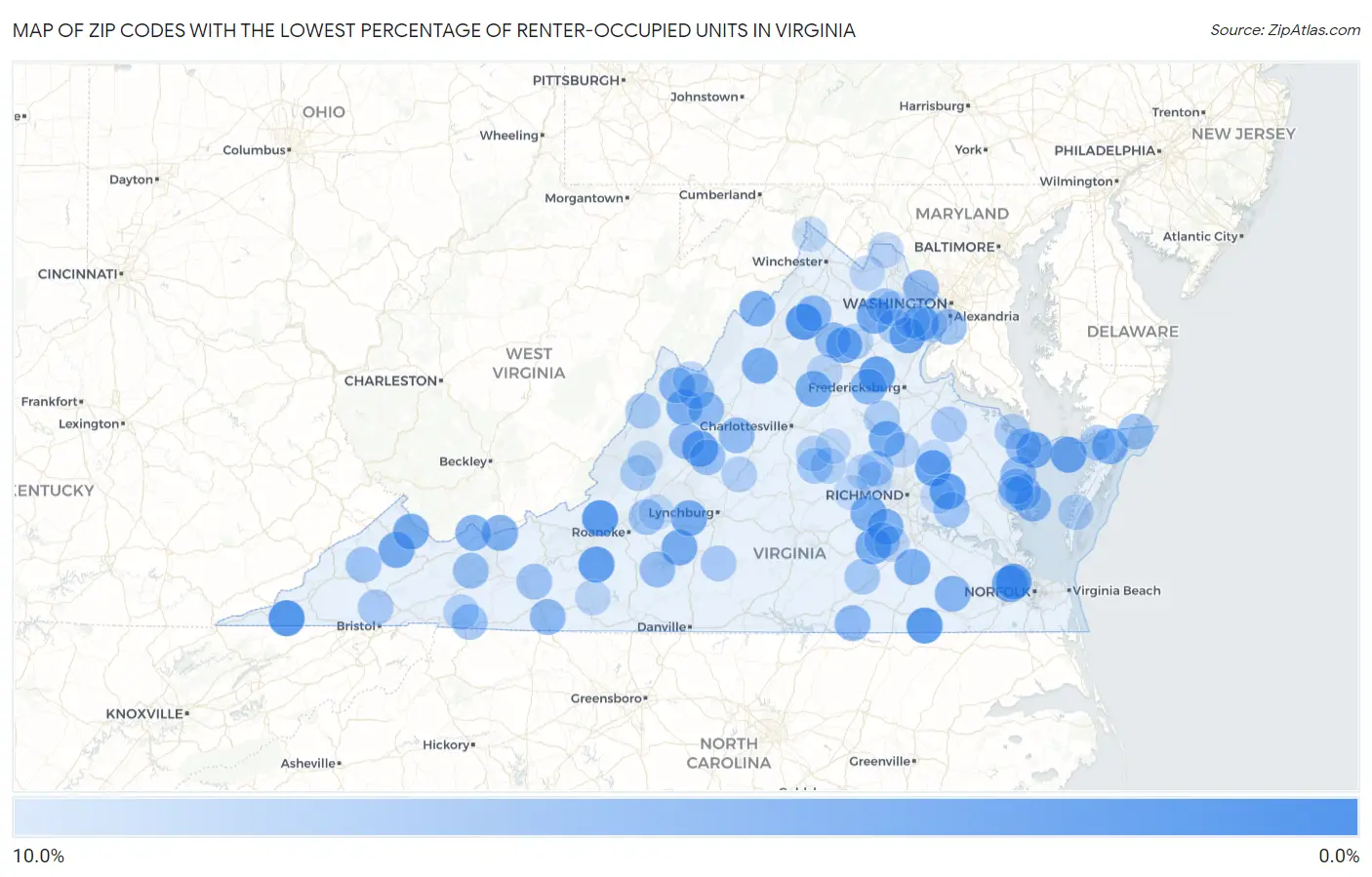 Zip Codes with the Lowest Percentage of Renter-Occupied Units in Virginia Map