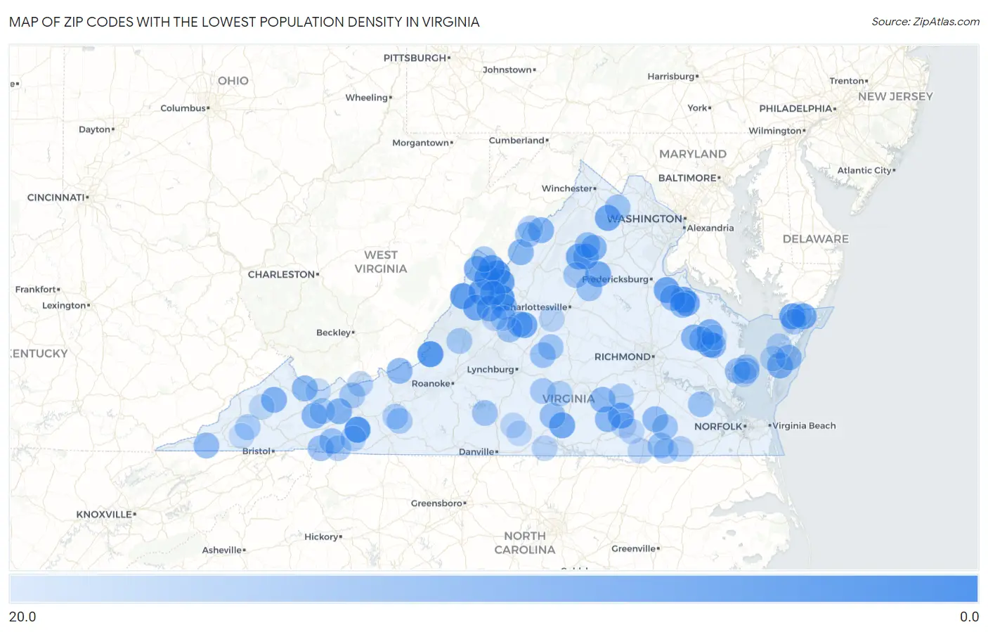 Zip Codes with the Lowest Population Density in Virginia Map