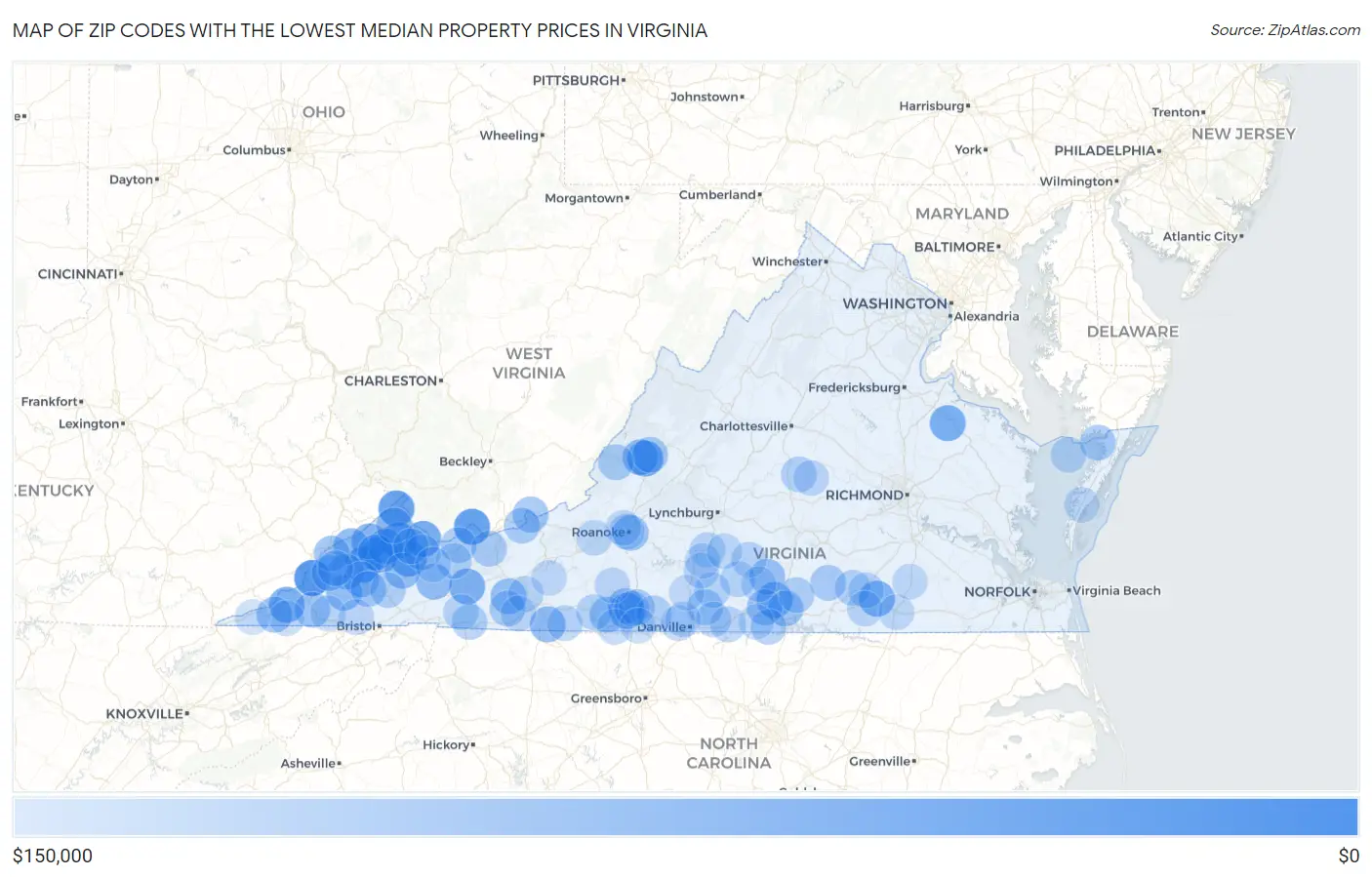 Zip Codes with the Lowest Median Property Prices in Virginia Map